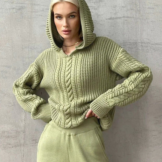 Women Clothing Autumn Street Shooting Hooded Long Sleeve Knitted Sweater  Shop One Place