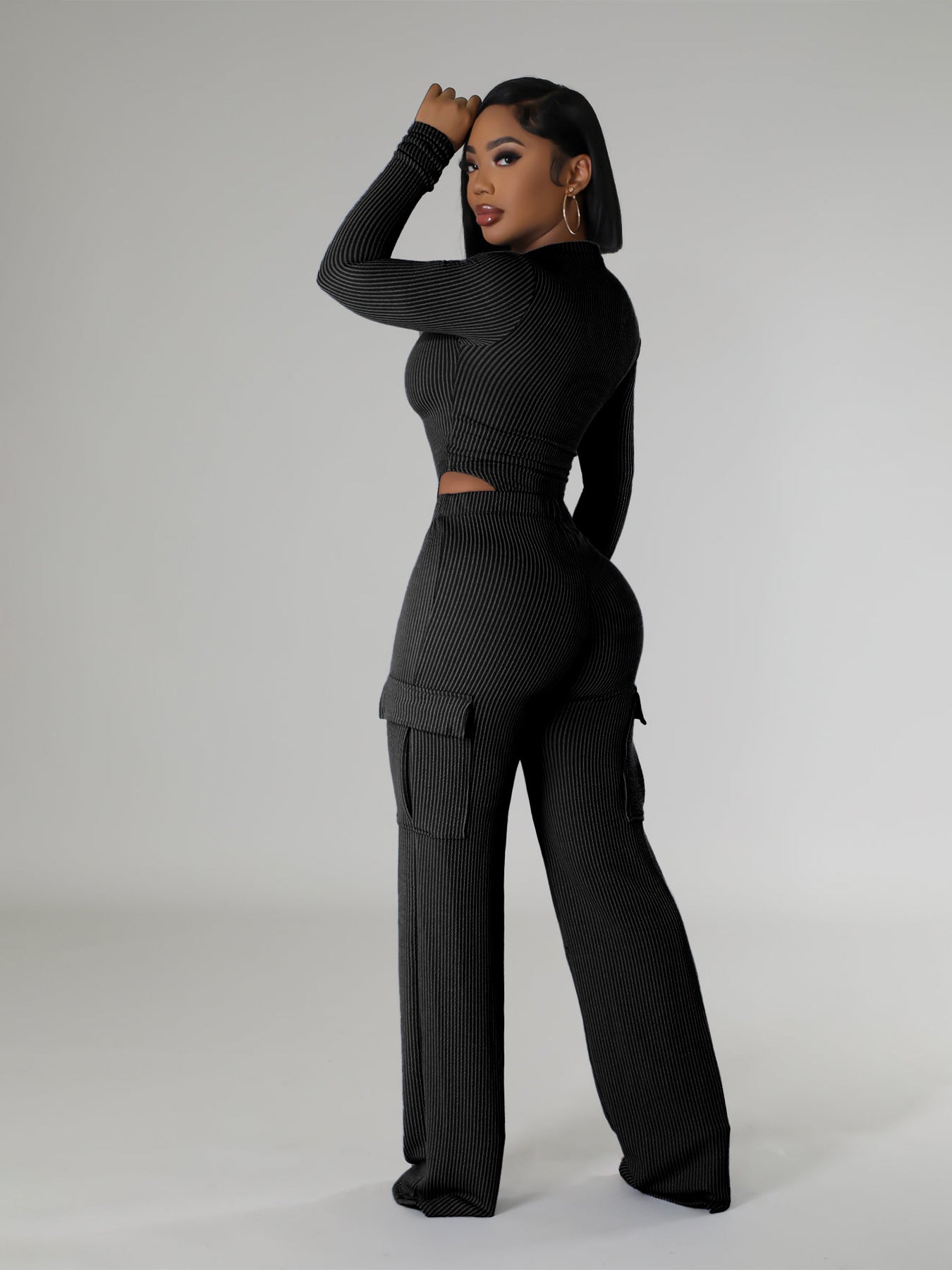 Elastic Twist Strip High Waist Long Sleeves Jumpsuit Overalls Two Piece Sets