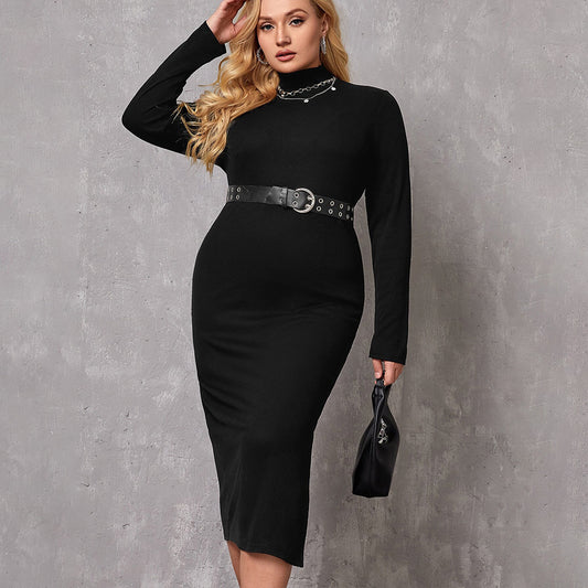 Plus Size Turtleneck Belted Mid Length Long Sleeve Dress