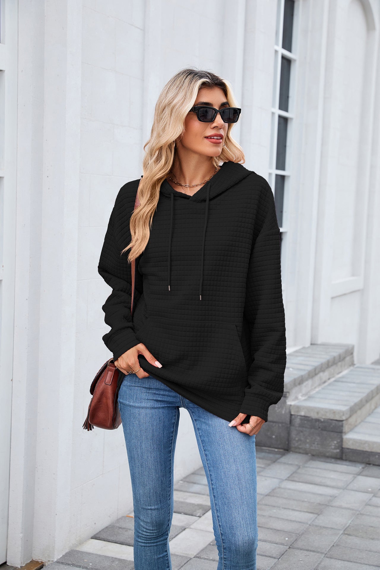 Solid Color Hooded Pocket Loose Long Sleeve Sweatershirt  Shop One Place