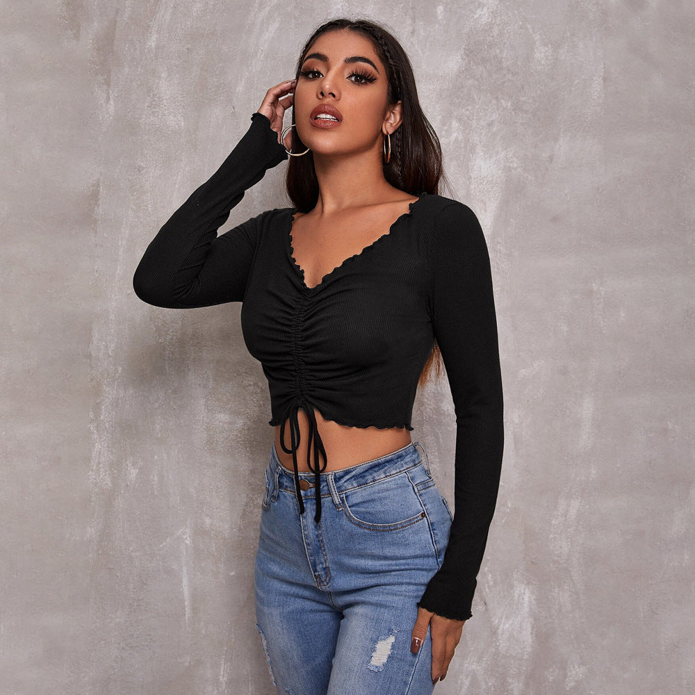 V Neck Long Sleeved T Shirt Autumn Winter Casual Simple Design Bottoming Shirt Top Women