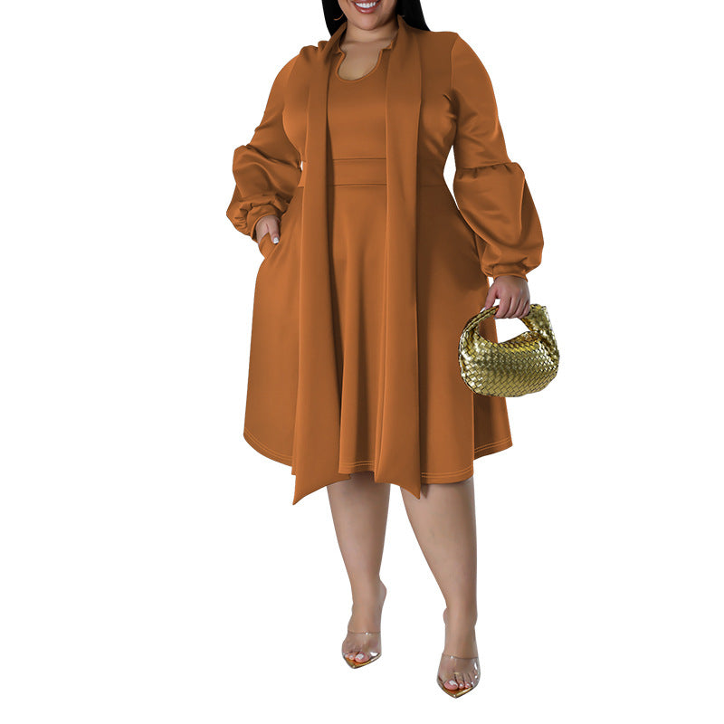 Plus Size Women's Scarf Long Sleeved Bubble Sleeve Mid Length Dress