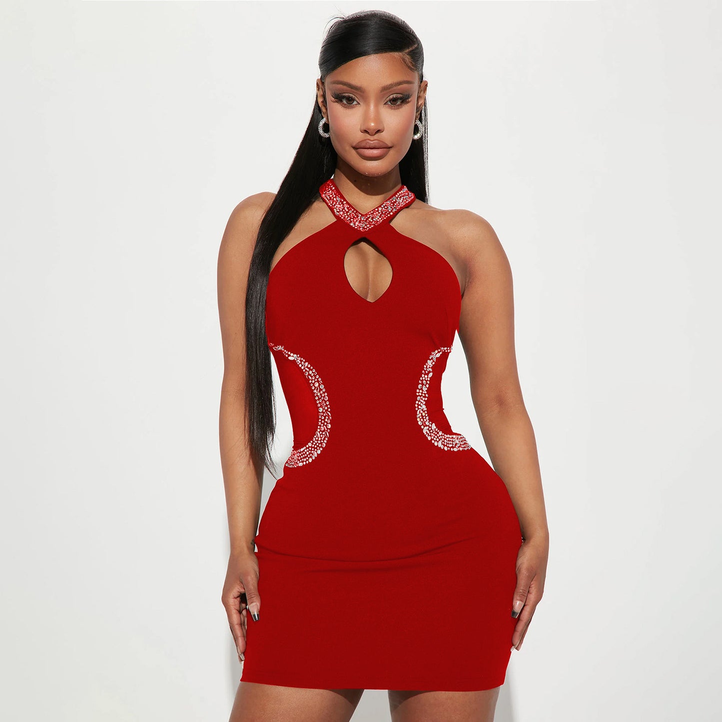 Tight Hollow Cutout Rhinestone Halter Dress