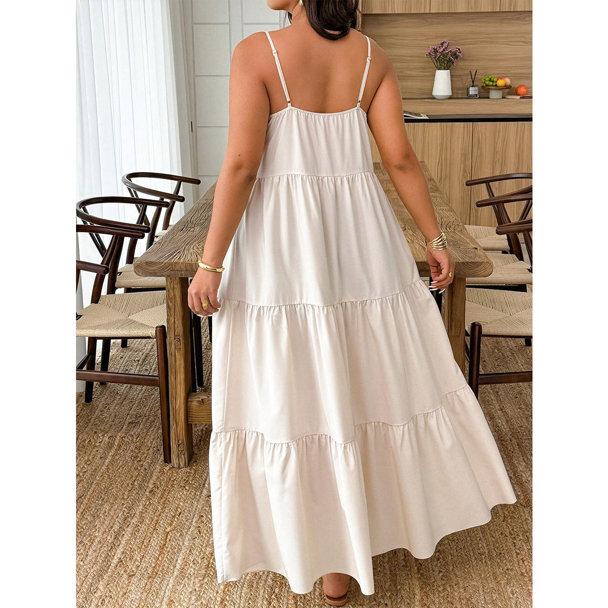 Plus Size Dress Tassel Trim Decoration Dress Travel V neck Strap Loose Tiered Ruffle Maxi Dress  Shop One Place