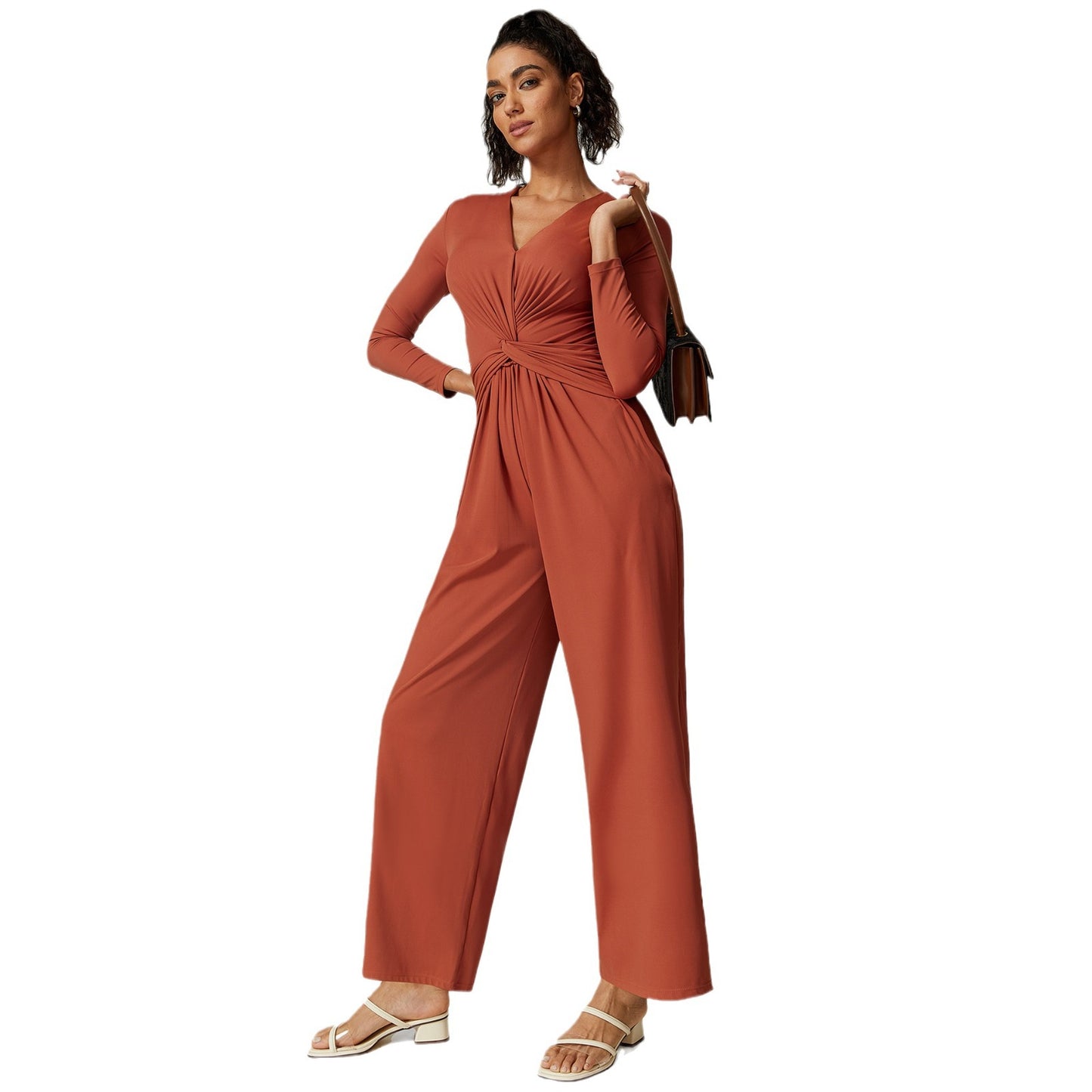 Sexy V Neck Pleated Design High Slit Yoga Jumpsuit Women