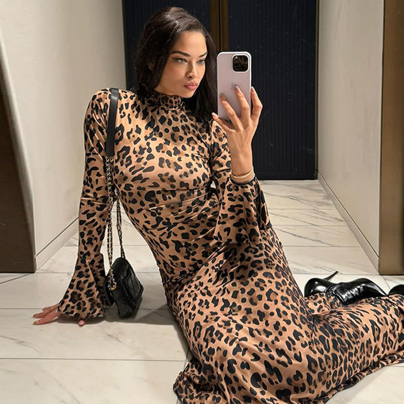 High Collar Long Sleeve Leopard Print Slim Fit Dress