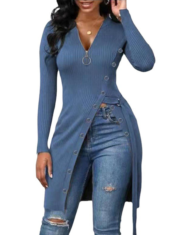 Autumn Winter Women Clothing V-neck Long Sleeve High Slit Thread Zipper T-shirt Top  Shop One Place