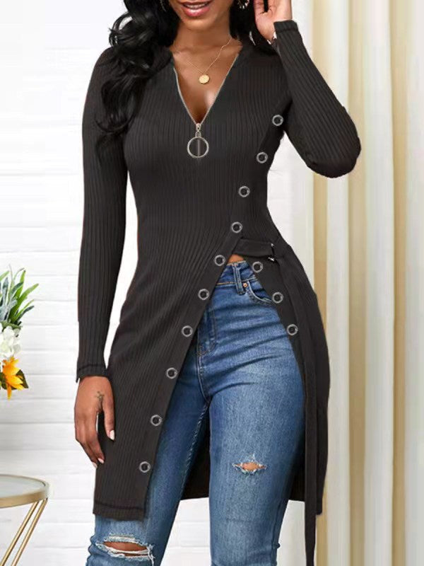 Autumn Winter Women Clothing V-neck Long Sleeve High Slit Thread Zipper T-shirt Top  Shop One Place