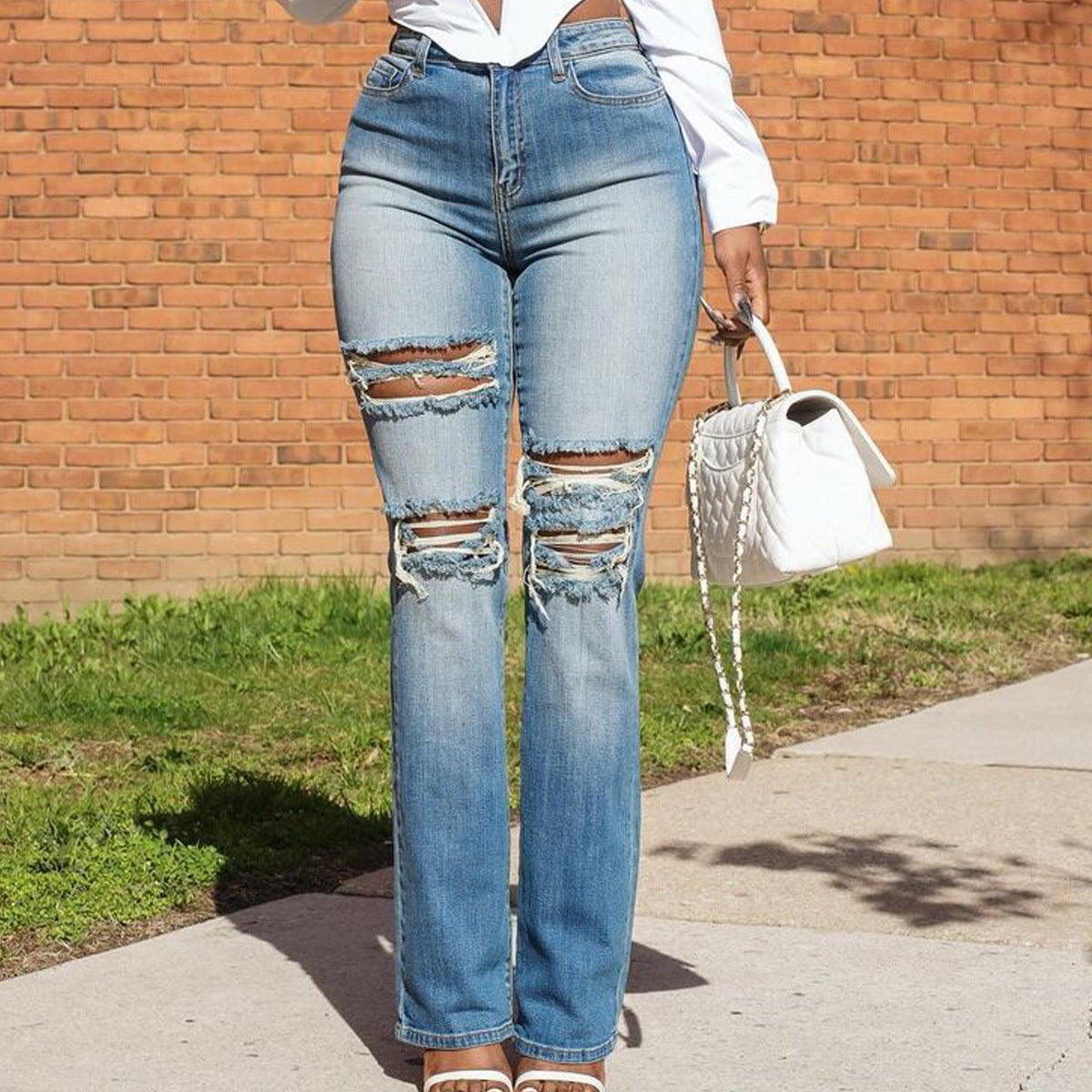 Women's Slim Fit Ripped Washed Denim Trousers  Shop One Place