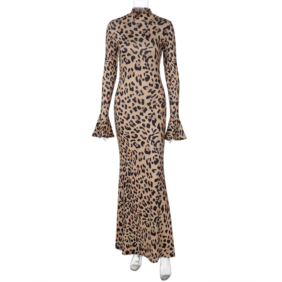 High Collar Long Sleeve Leopard Print Slim Fit Dress