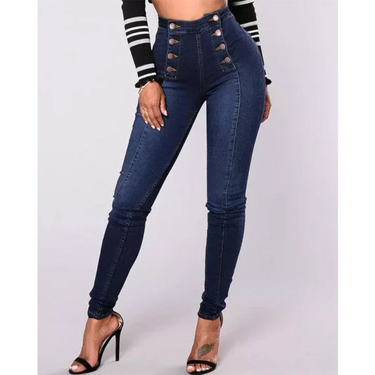 High Waist Double Row Multi Button Slim Stretch Jeans