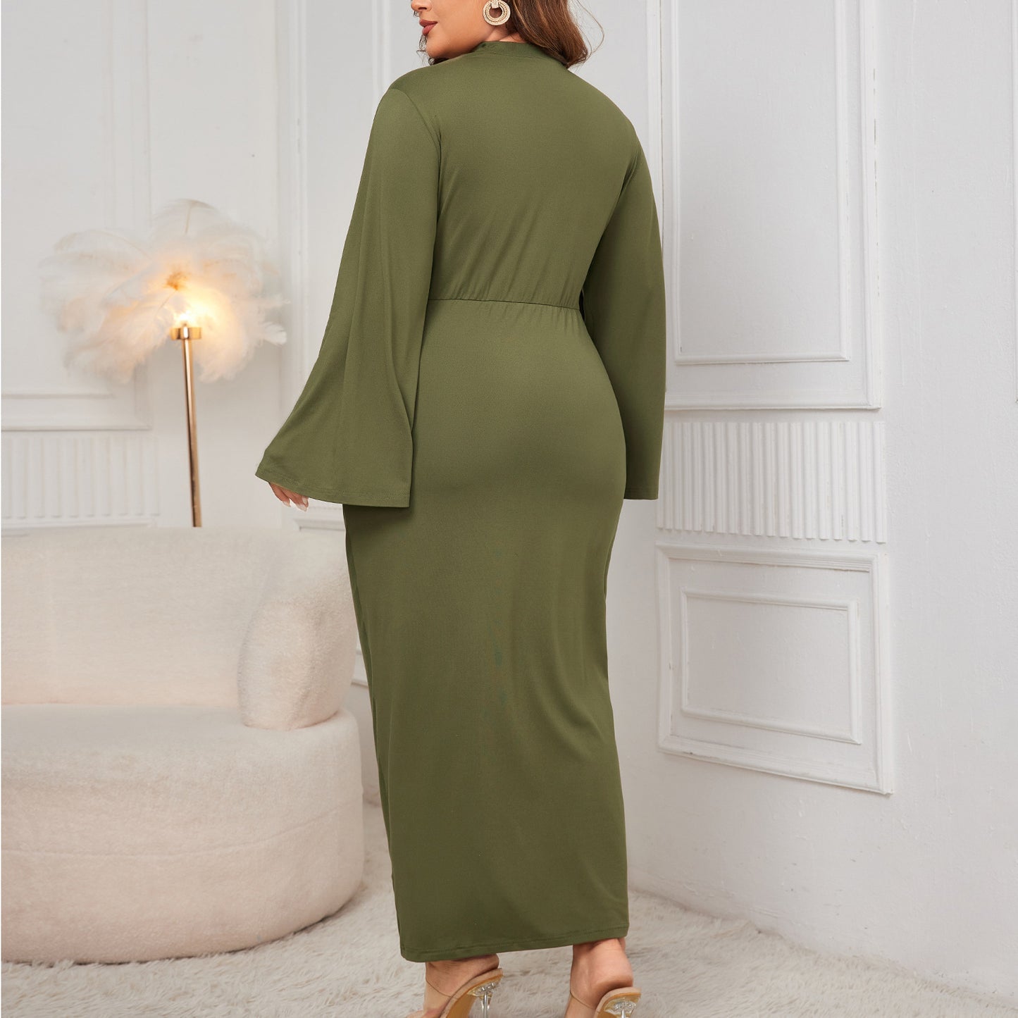 Plus Size Solid Color Slit Sheath Turtleneck Dress