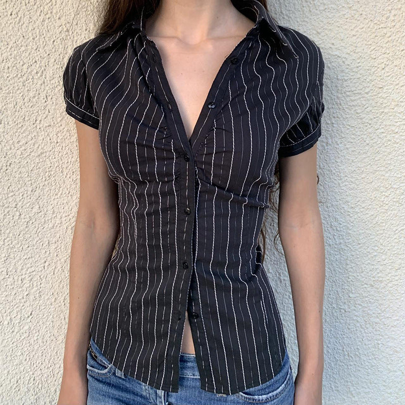 Fashionable Striped Color Matching Breasted Puff Sleeve Top Sexy Intellectual Pleated Chest Flattering Shirt