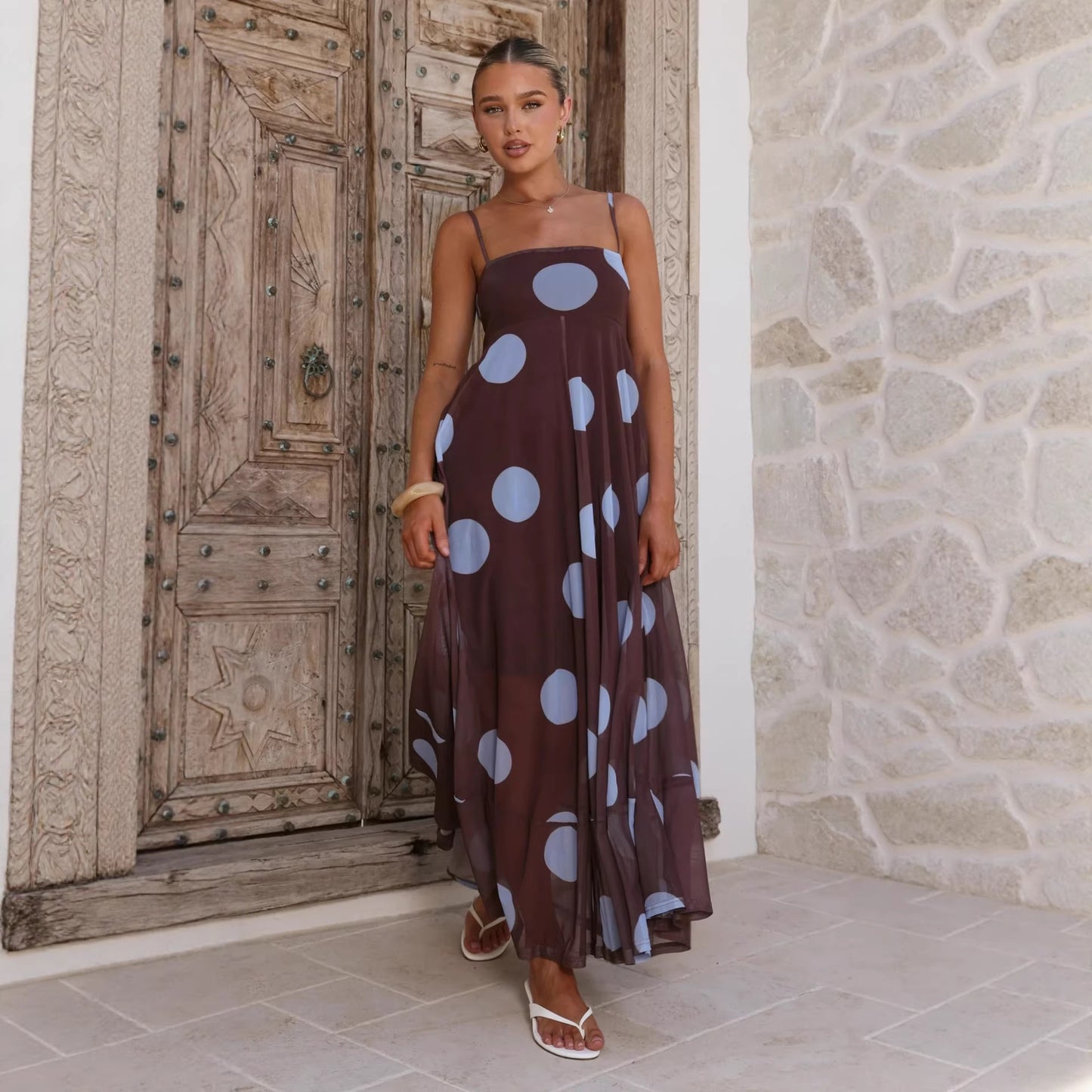 Summer Cami Dress Mesh Polka Dot Print High Waist Big Swing Cami Dress  Shop One Place