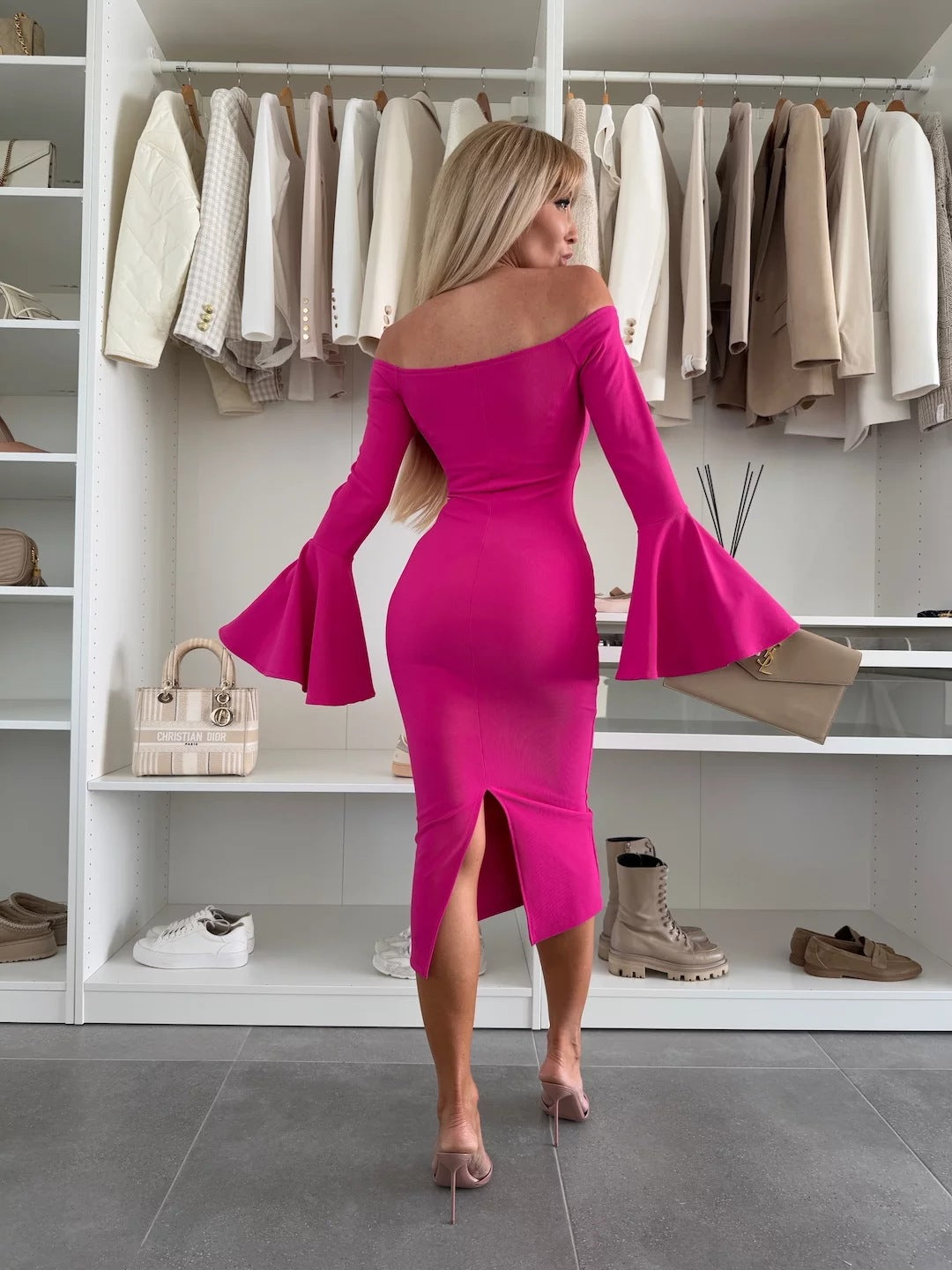 Slim off Shoulder Flared Long Sleeves Dress  Shop One Place