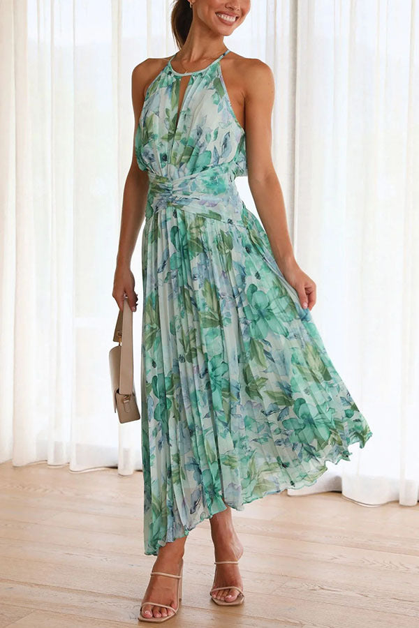 Halter Sleeveless V Neck Printed Large Swing Maxi Dress  Shop One Place