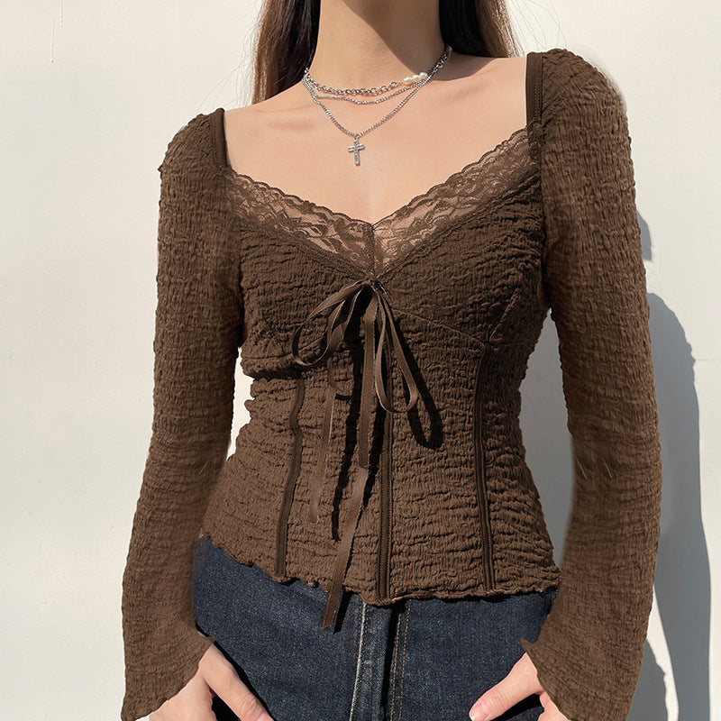 European Retro Low-Cut V Neck Lace Stitching Ruffle Lace Up Long Sleeve Top