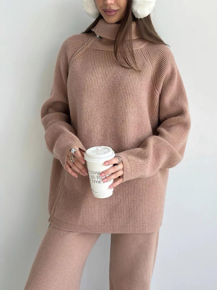 High Collar Zipper Knitted Sweater Wide Leg Two Piece Suit