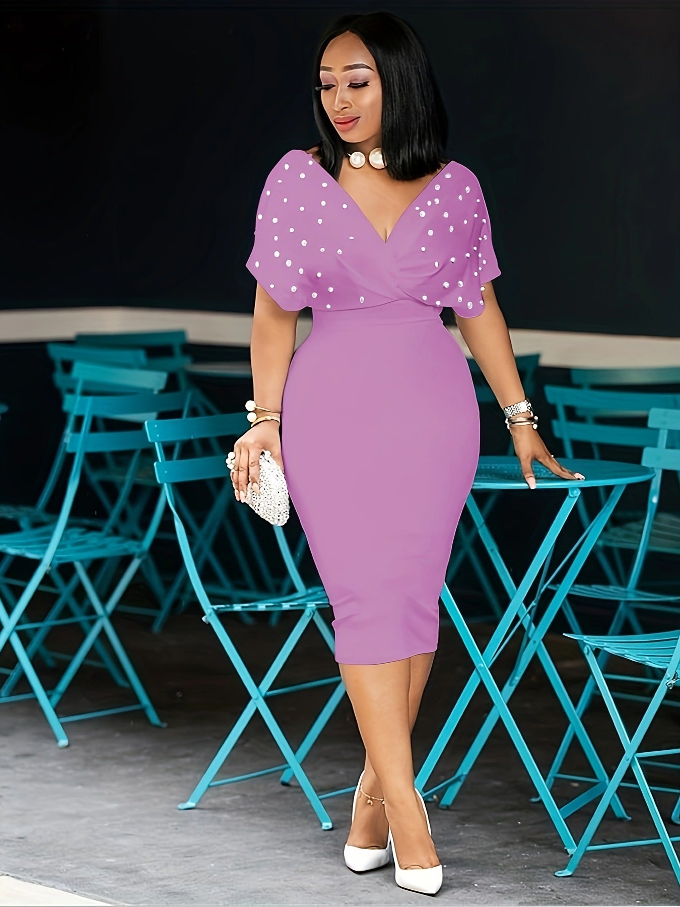 Plus Size Elegant V Neck Solid Color Midi Dress