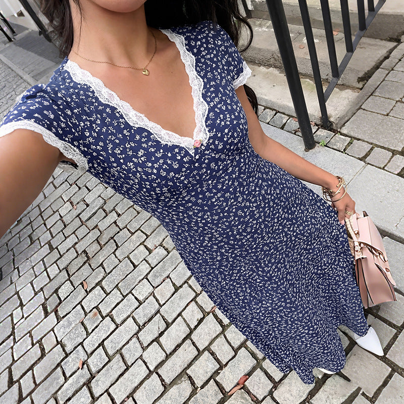 Sweet Vacation Lace V neck Patchwork Short Sleeve Floral Dress  Shop One Place