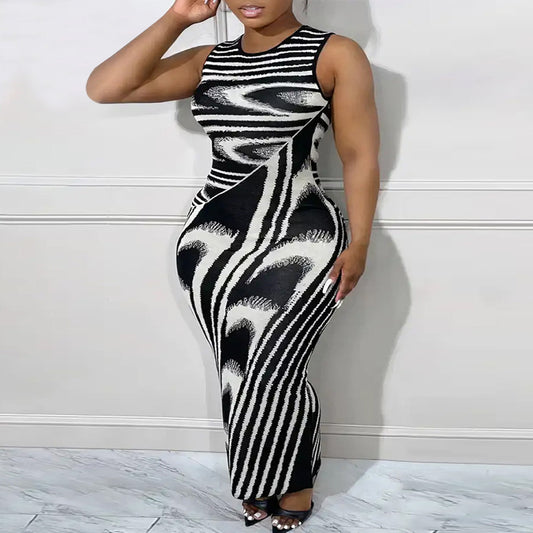 Plus Size Irregular Asymmetric Striped Sleeveless Round Neck Fit Dress