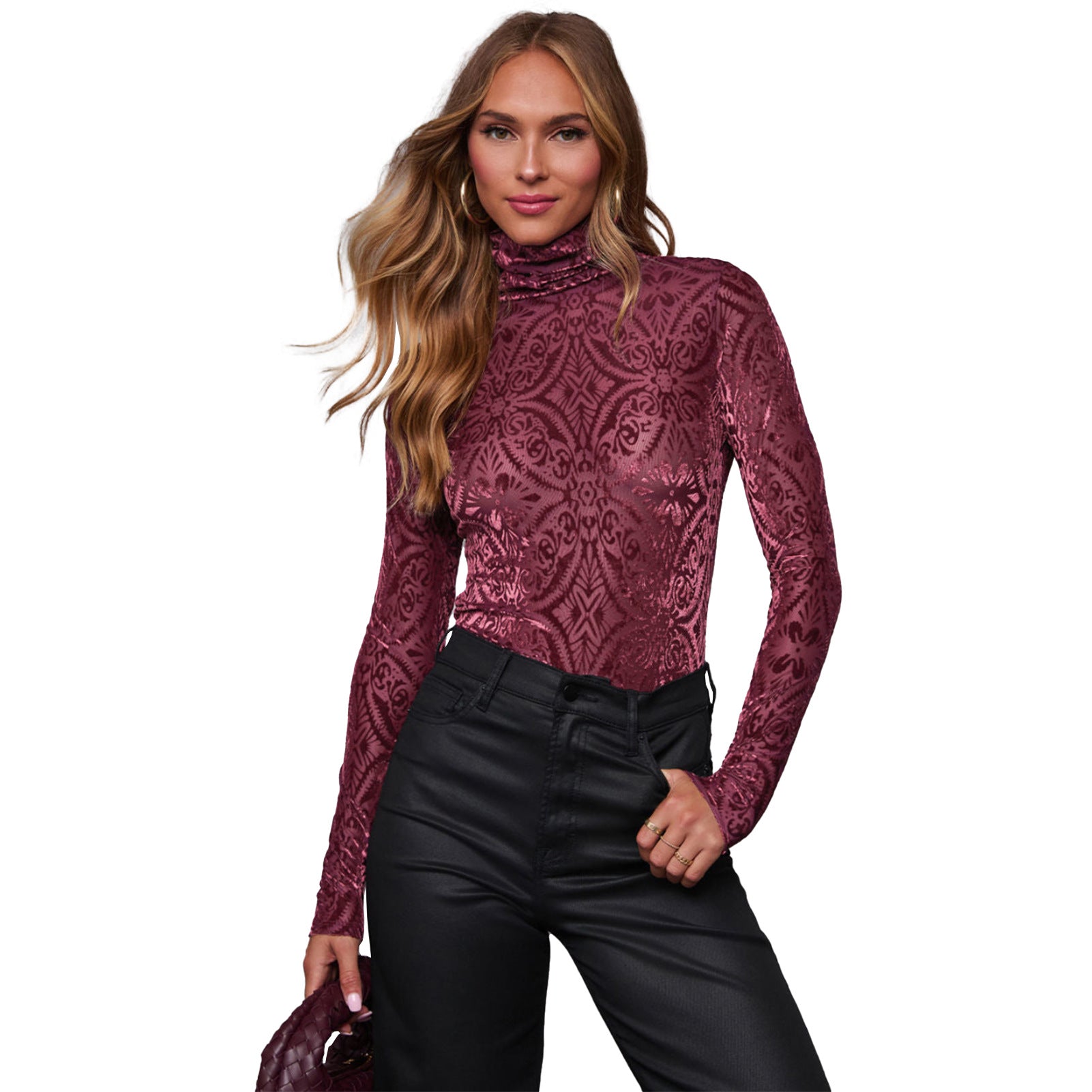 Turtleneck Stretch Velvet Burnt Long Sleeve Shirt  Shop One Place