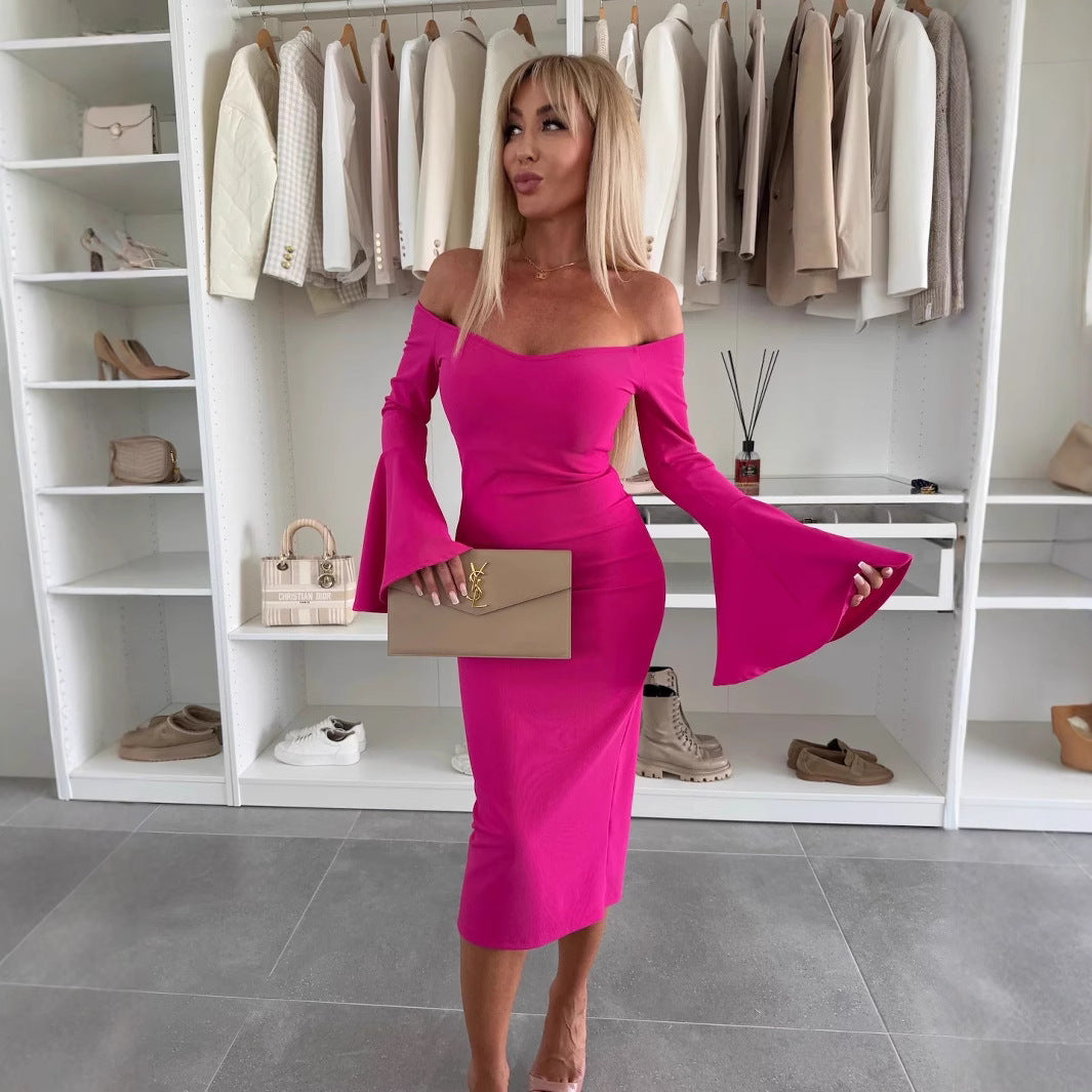 Slim off Shoulder Flared Long Sleeves Dress  Shop One Place