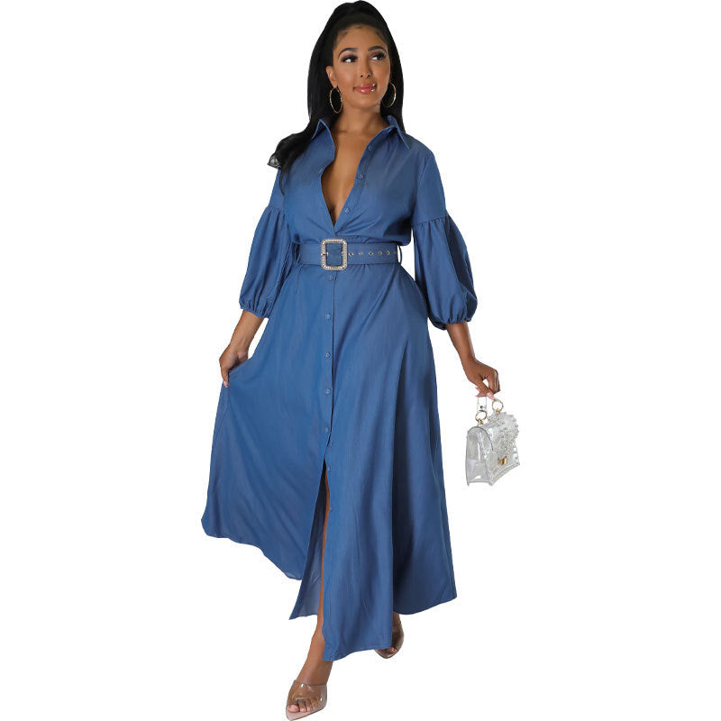 Blue Denim Long Sleeve Shirt Dress