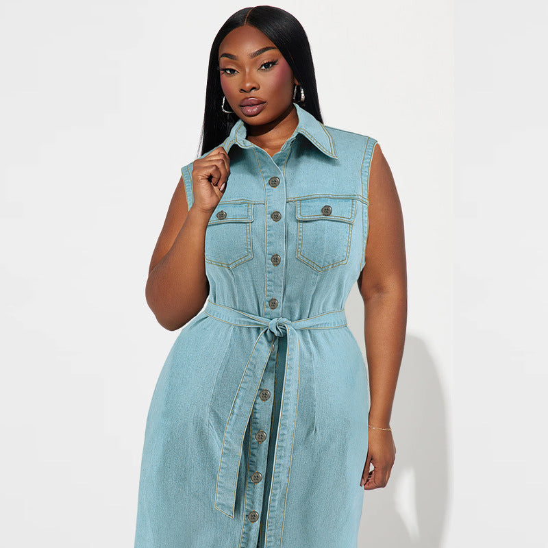 Plus Size Collared Sleeveless Denim Long Dress