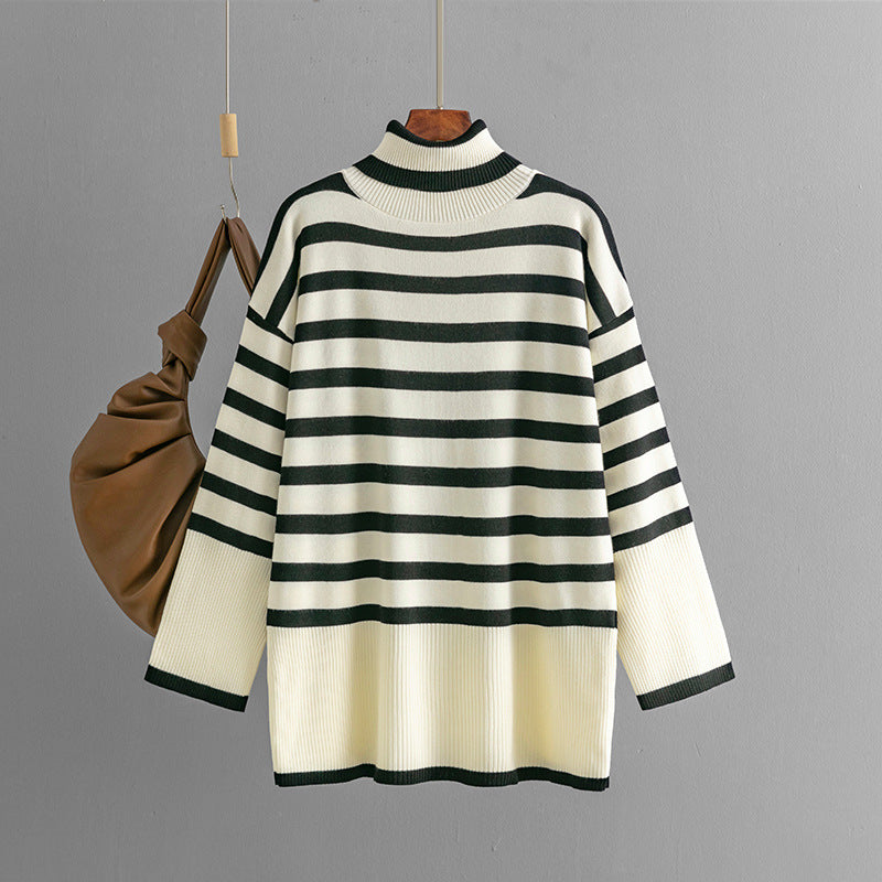 Striped Turtleneck Loose Design Pullover Sweater  Shop One Place