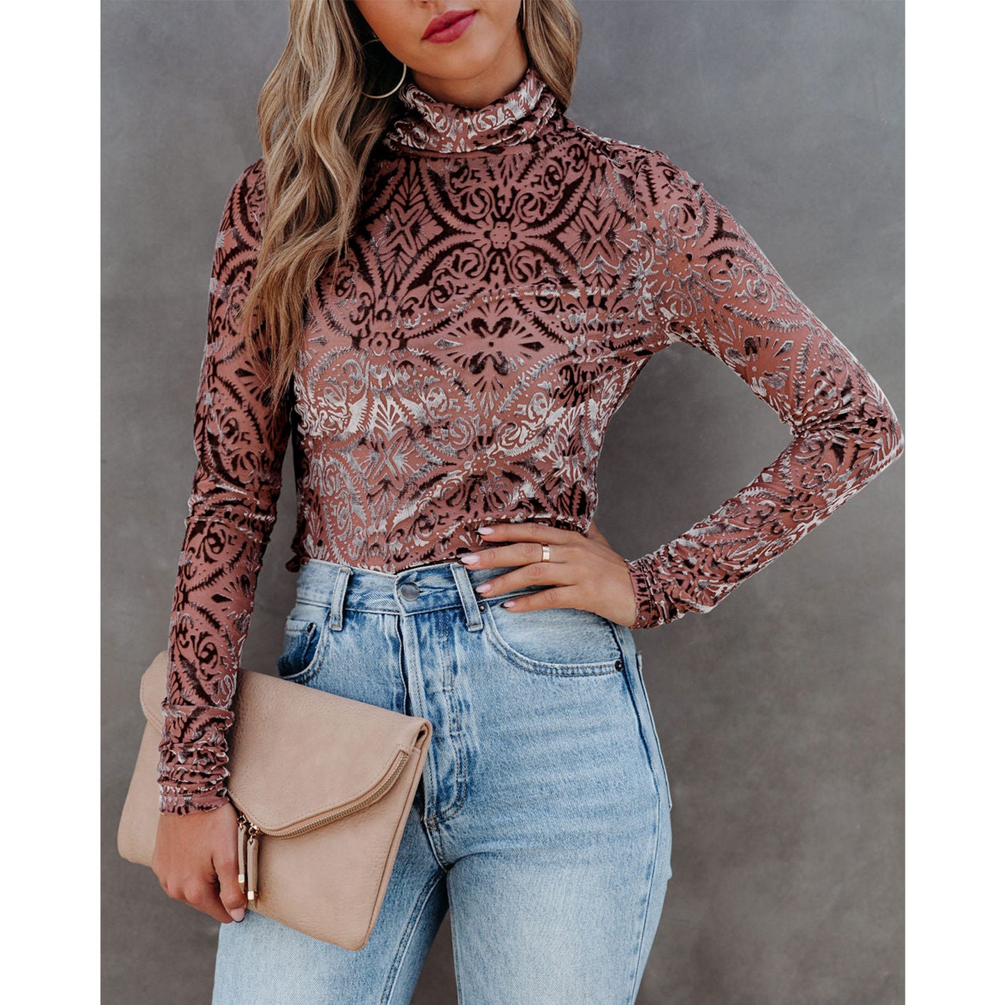 Turtleneck Stretch Velvet Burnt Long Sleeve Shirt  Shop One Place