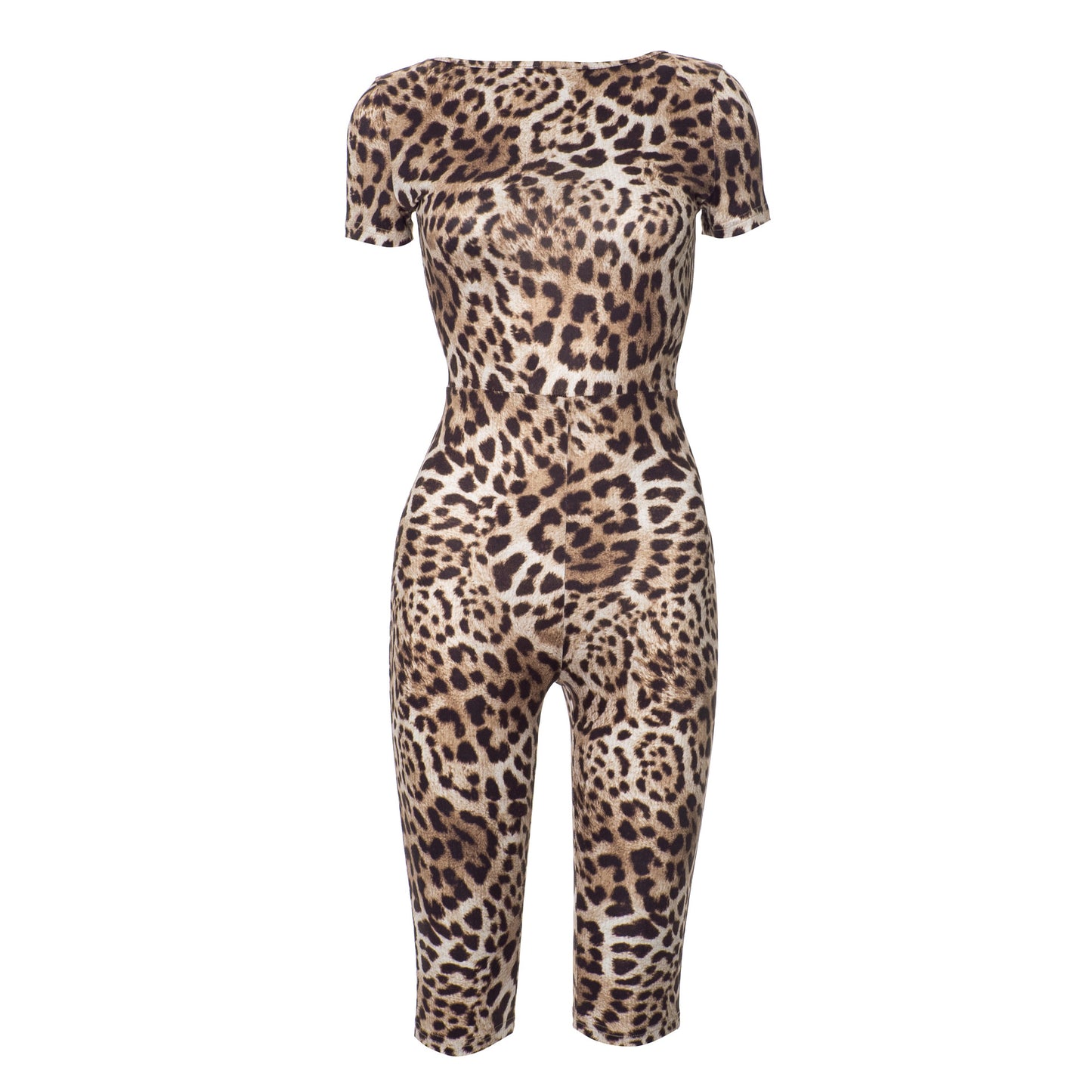 Women Clothing Summer Leopard Print Round Neck Short Sleeve Bare Back Slim Fit Romper