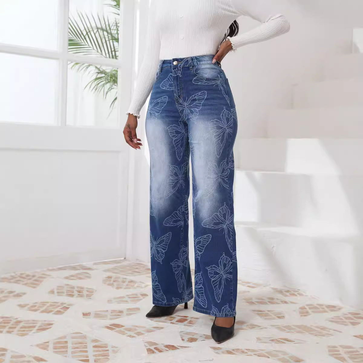 Jacquard Wide Leg Straight Jeans