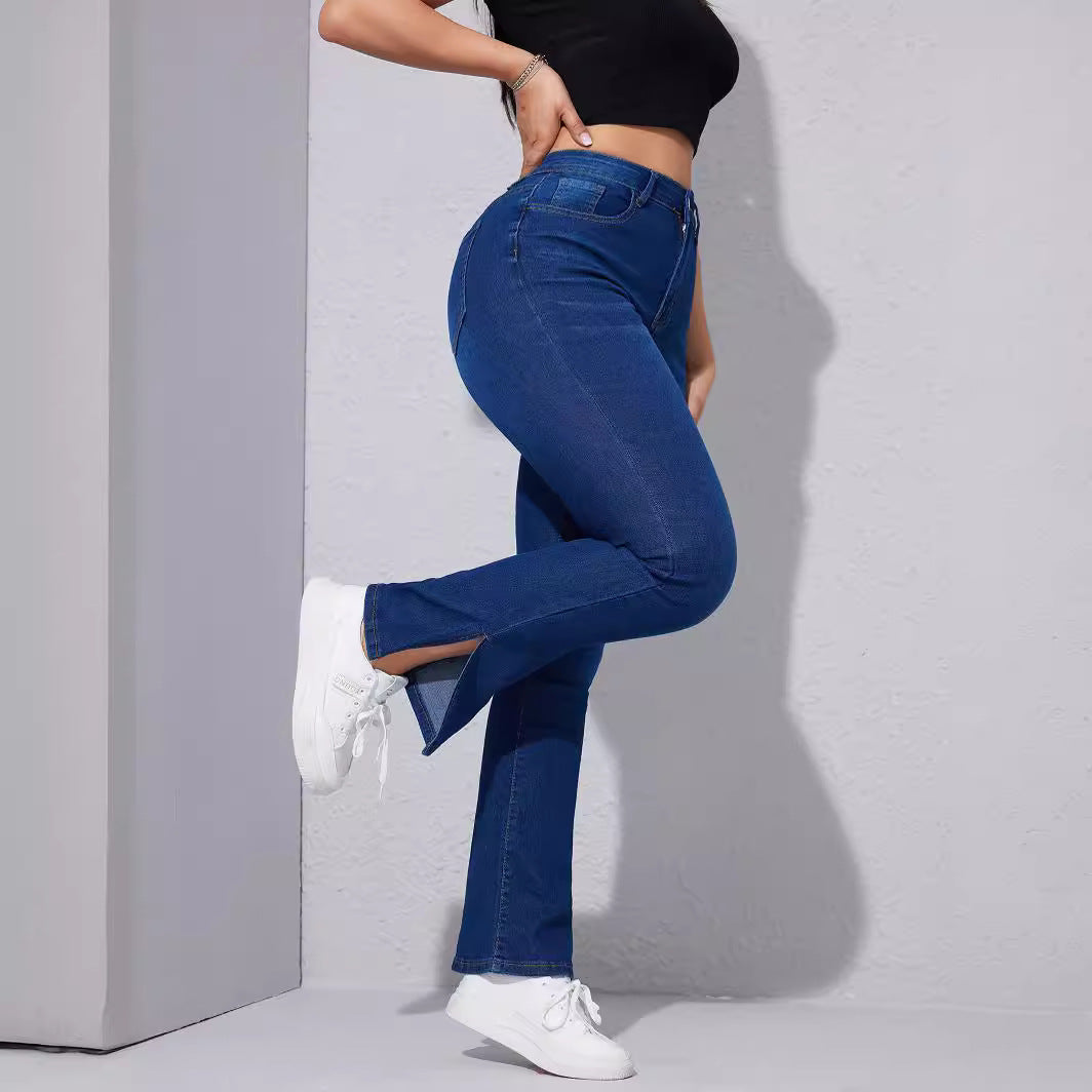 High Waist Stretch Foot Slit Slim Jeans