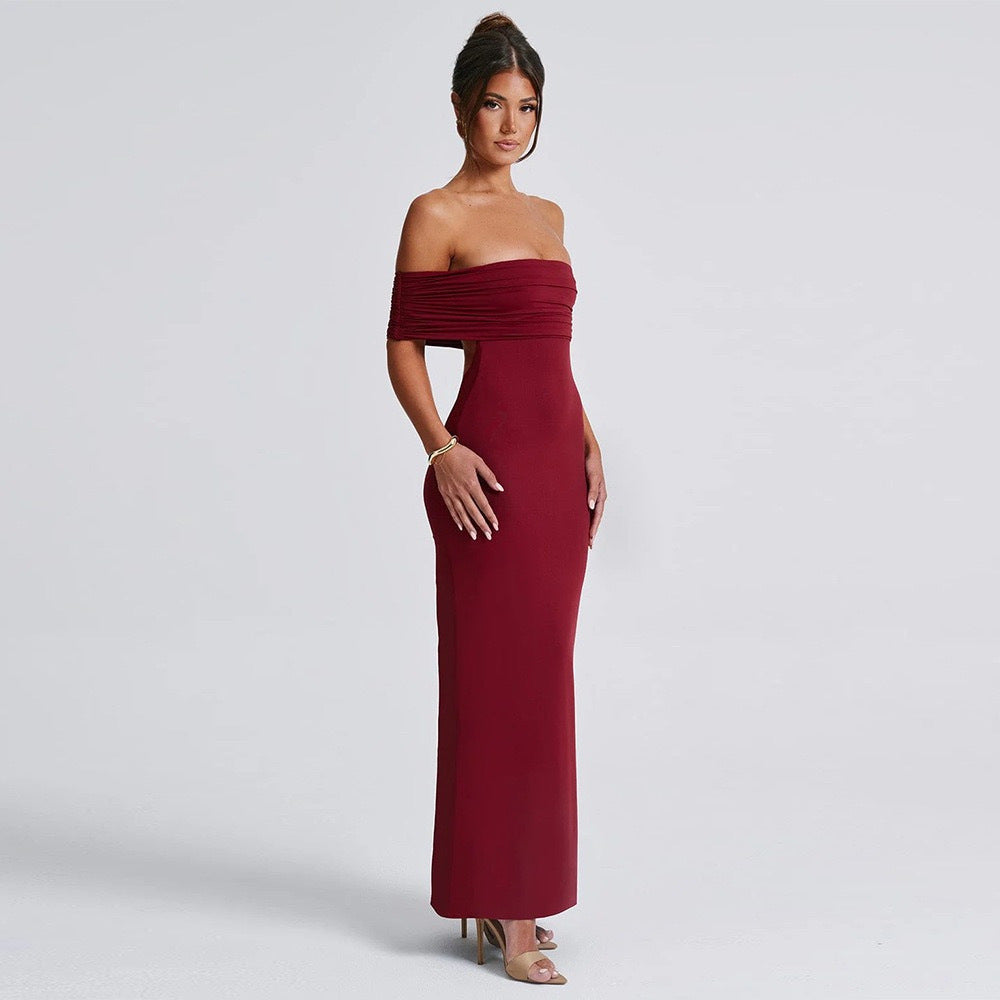 Sexy off Shoulder Backless Bag Hip Pleated Dress