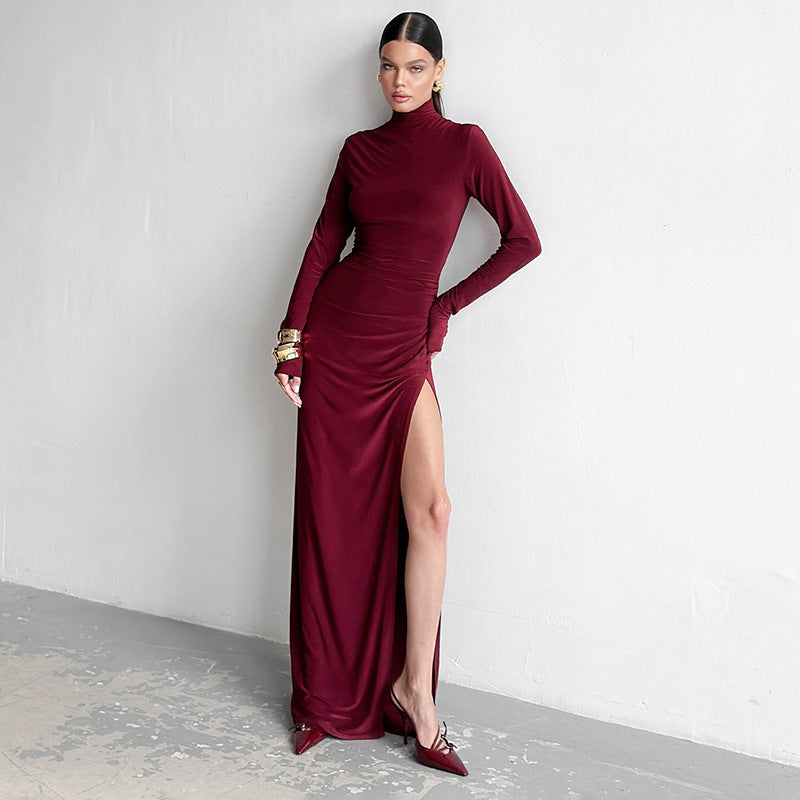 High Collar Slim Fit Long Sleeves High Slit Maxi Dress