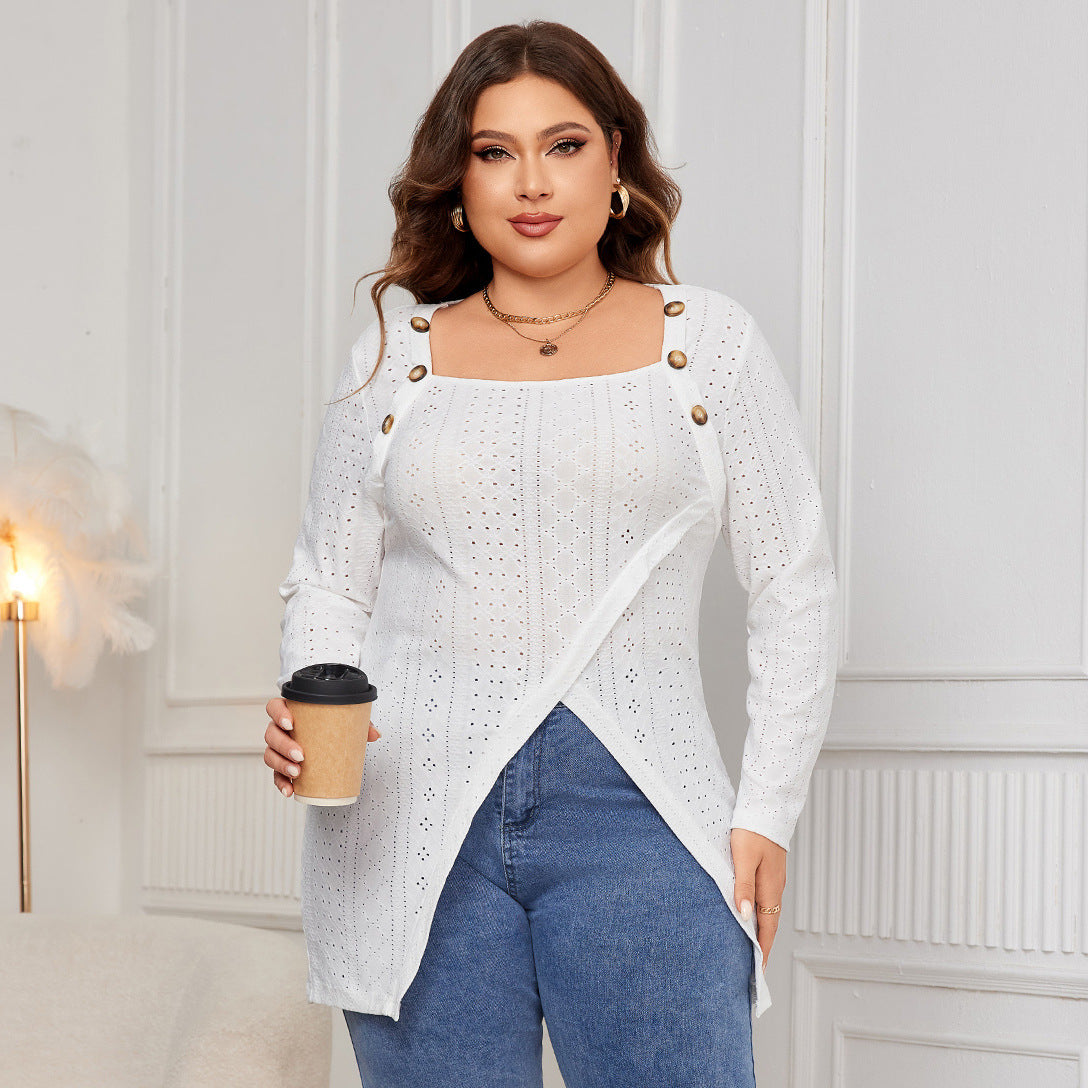 Plus Size White Long Sleeve Square Neck Asymmetric Hem Loose Shirt