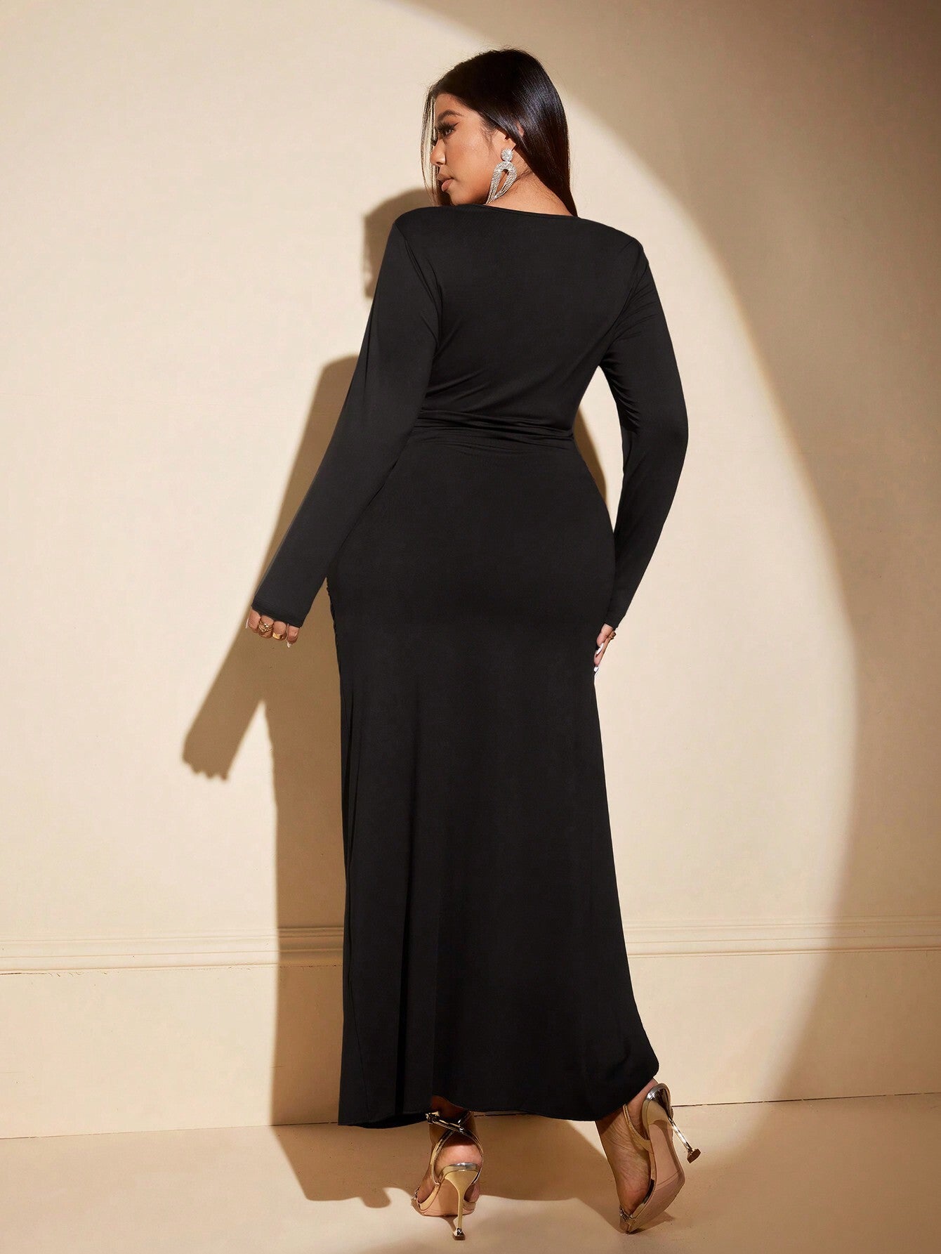 Plus Size Simple Pleated Slim Fit Slit Midi Dress