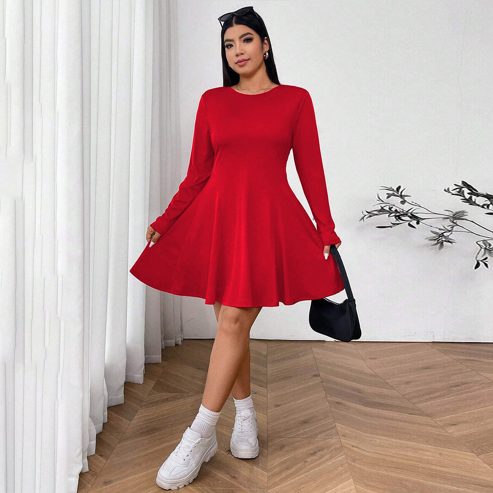 Plus Size Simple Red High Waist Slim Fit Midi Dress