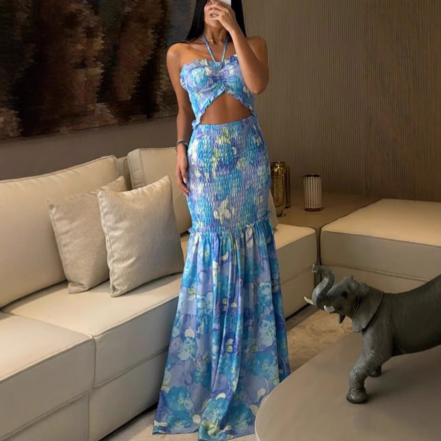 Spring Summer Halter Neck Printed Pleated Dress  Shop One Place