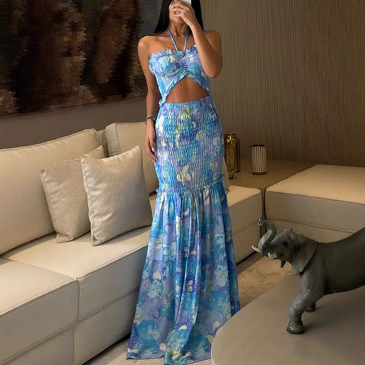 Spring Summer Halter Neck Printed Pleated Dress  Shop One Place