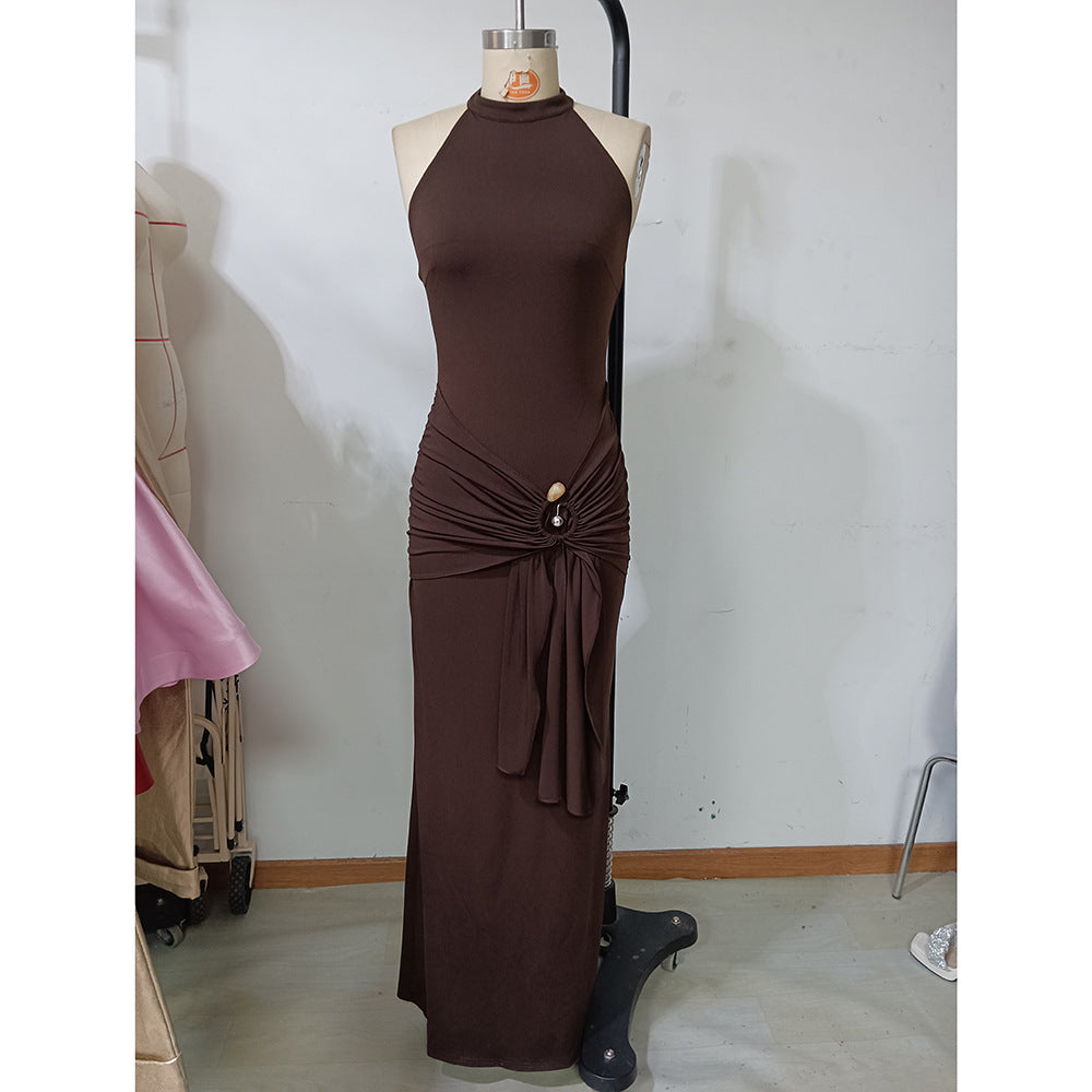 Women Solid Color Halter Sleeveless Dress Tied Slim Fit Sheath Dress Women  Shop One Place