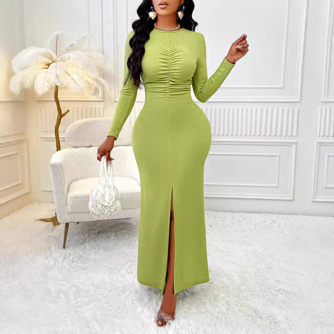 Ruched Split Long Sleeve body contouring Solid Color Dress