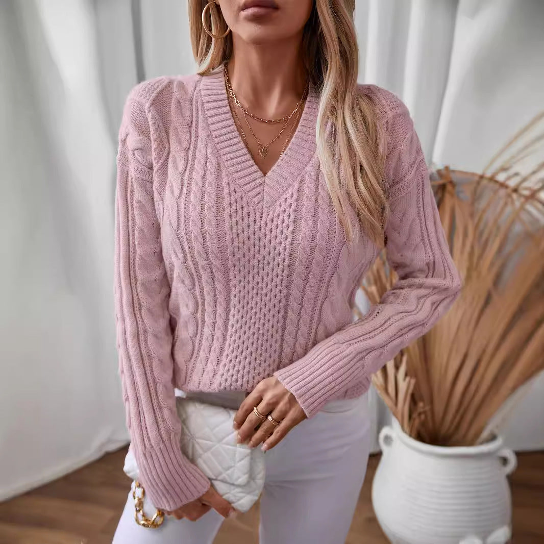 V Neck Pullover Vintage Twisted Pattern Sweater