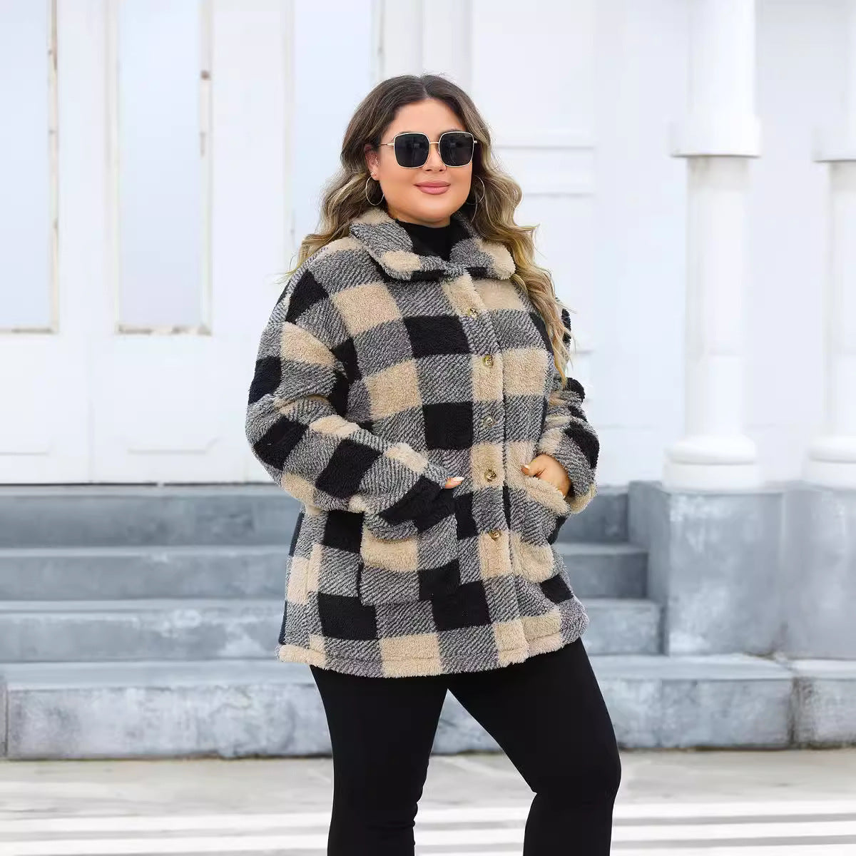 Plus Size Plaid Thickened Fleece Turn Down Collar Coat