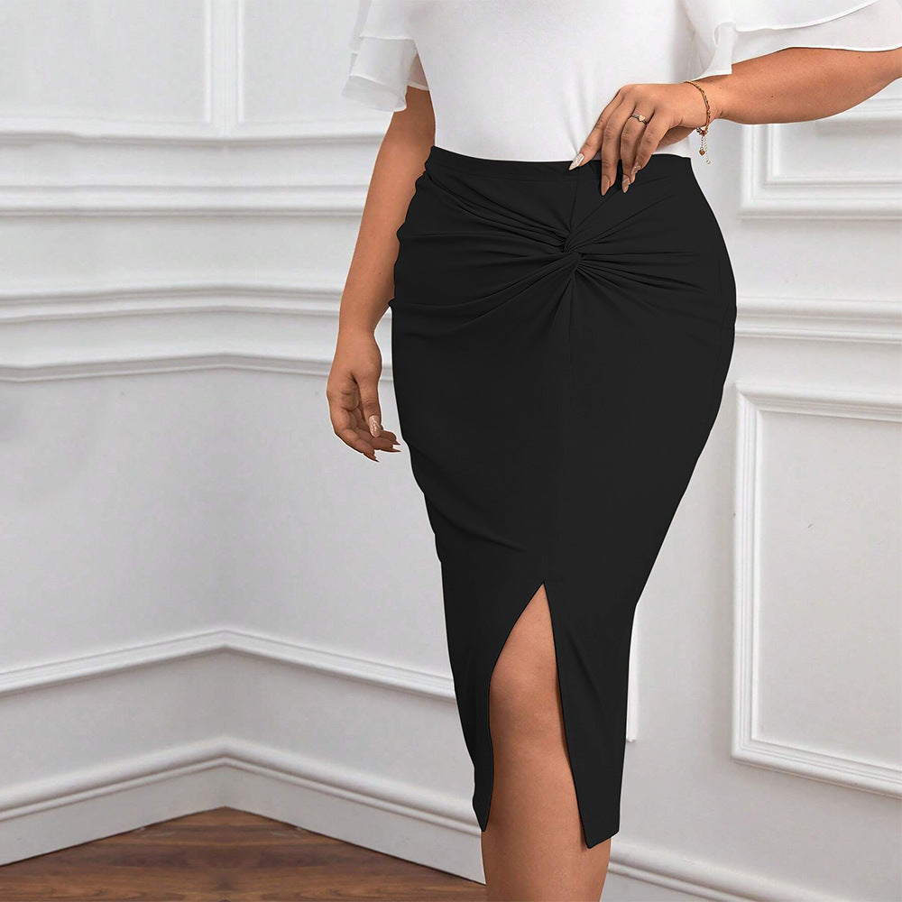 Plus Size Women Clothes Elastic Waist Elastic High Waist Slit Sheath Office Skirt