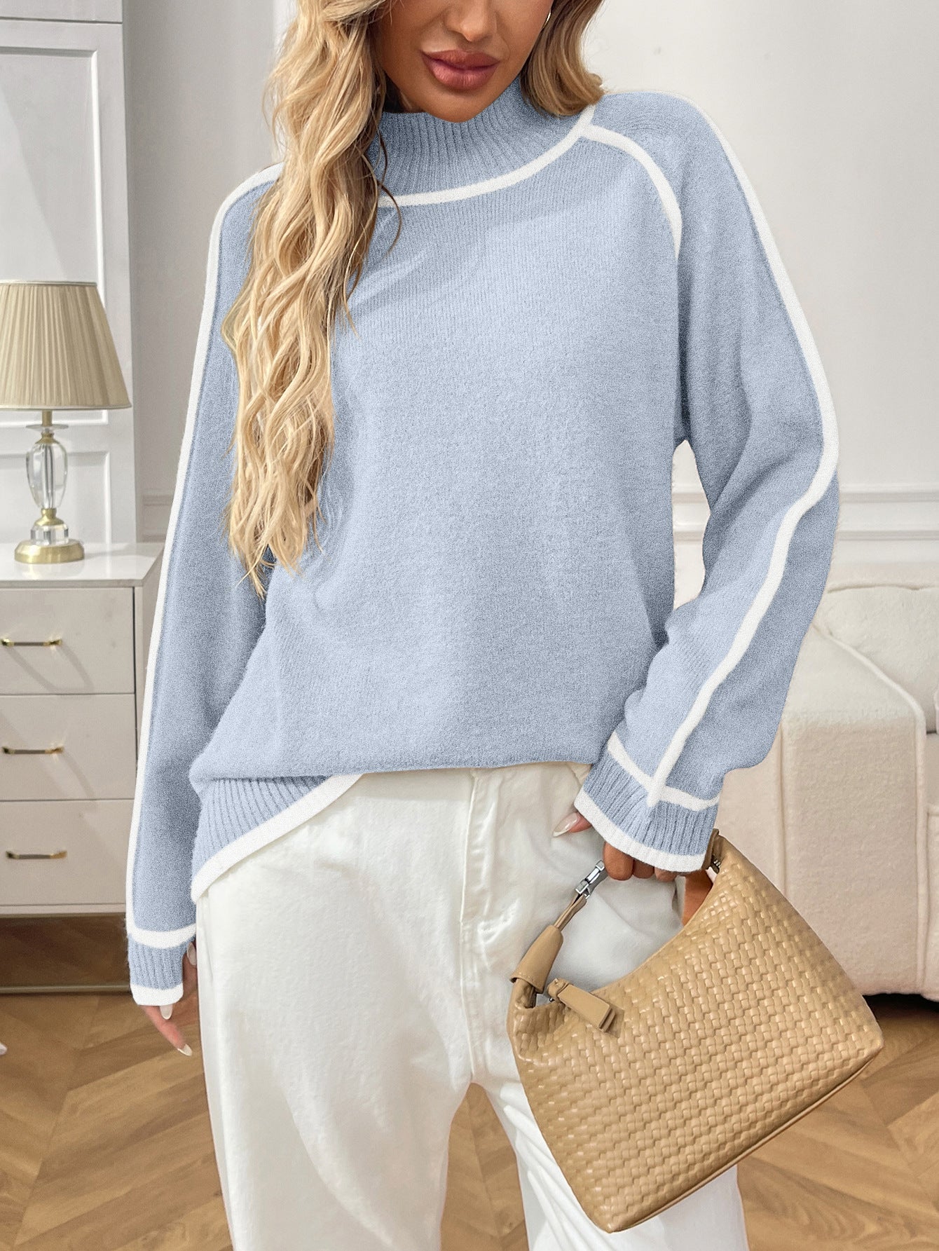 Half Turtleneck Casual Loose Pullover Lazy Contrast Color Sweater  Shop One Place