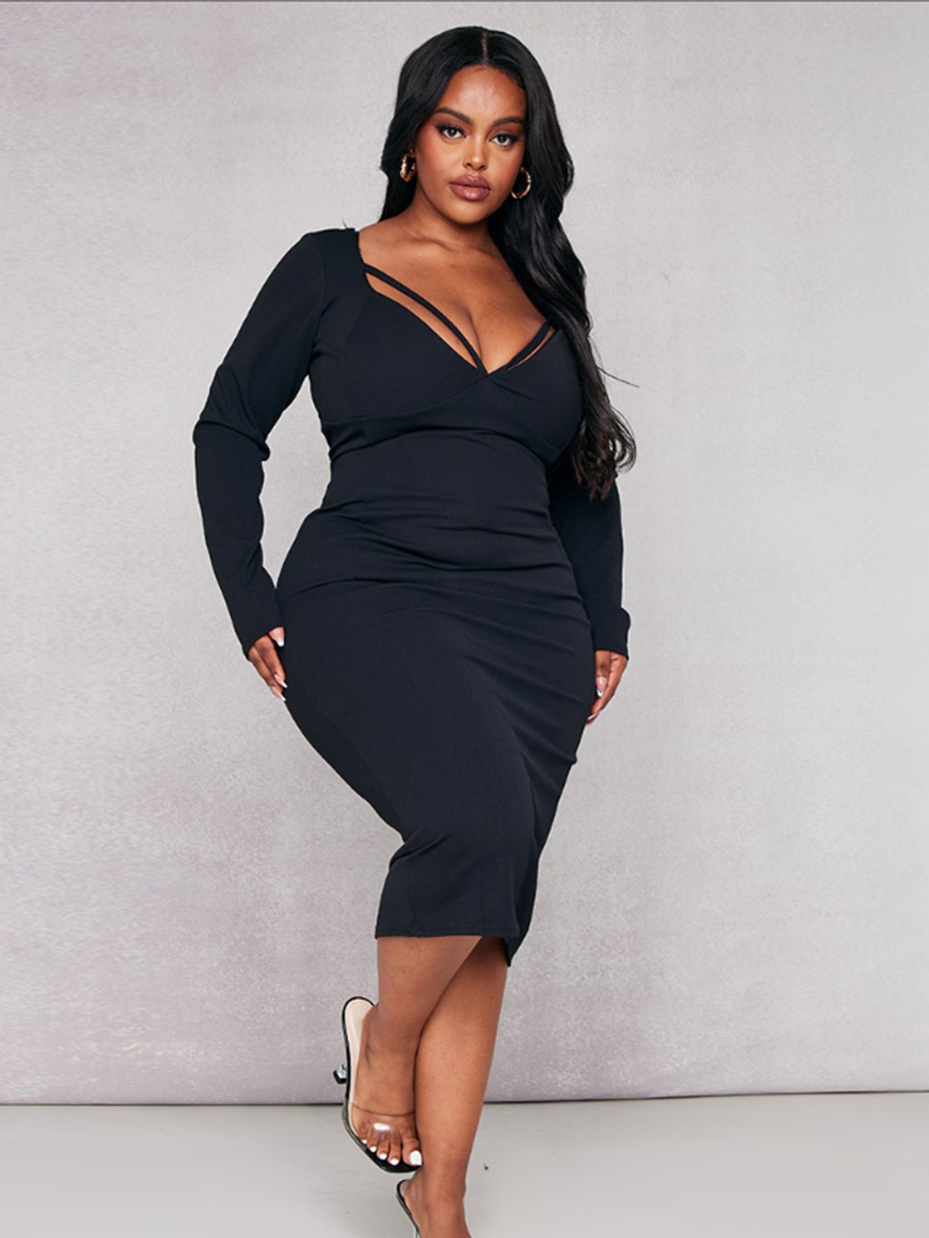 Plus Size Women Clothing Sexy Thin Band V neck Long Sleeve Dress Slim Slimming Hip Wrapped Mid Length Dress  Shop One Place
