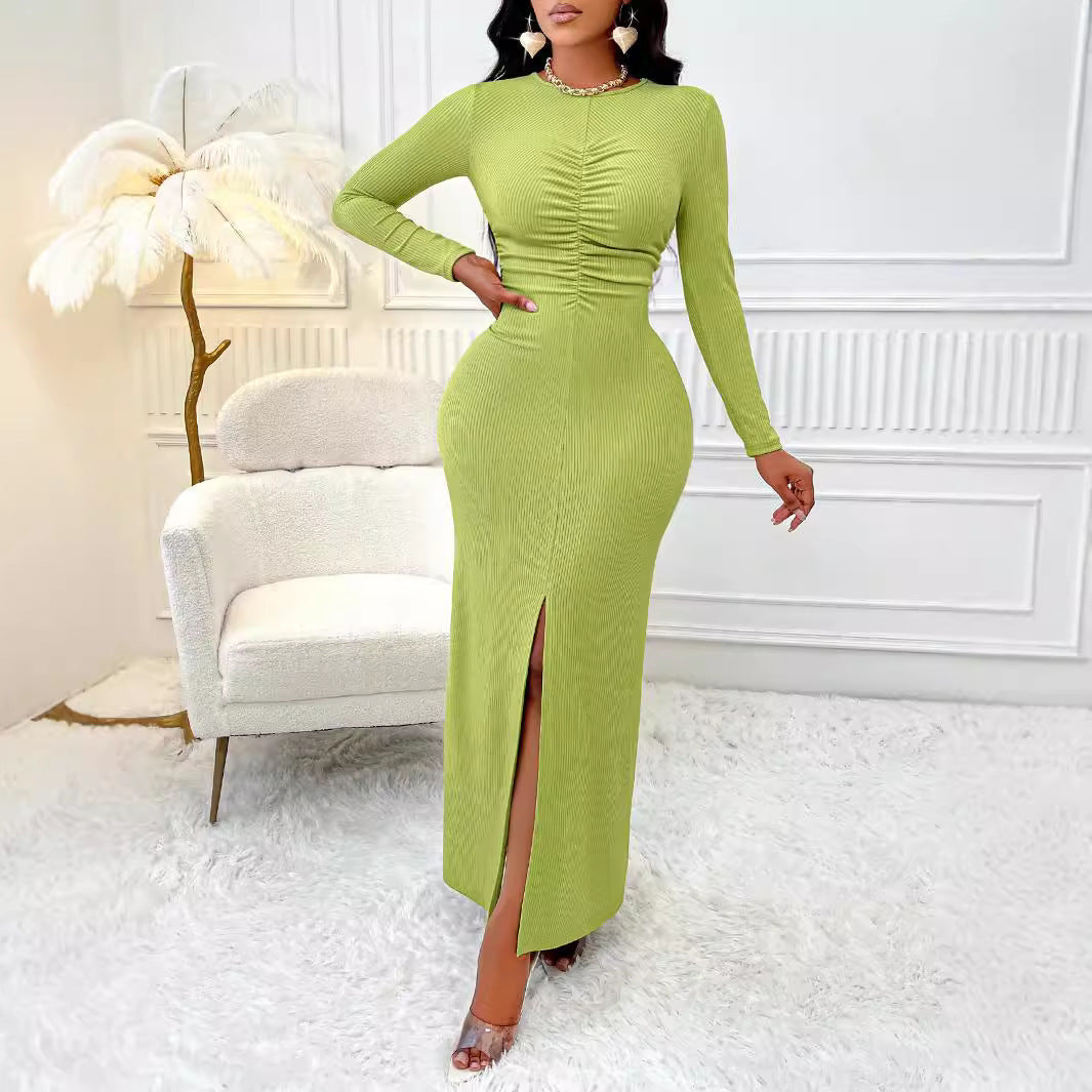 Ruched Split Long Sleeve body contouring Solid Color Dress