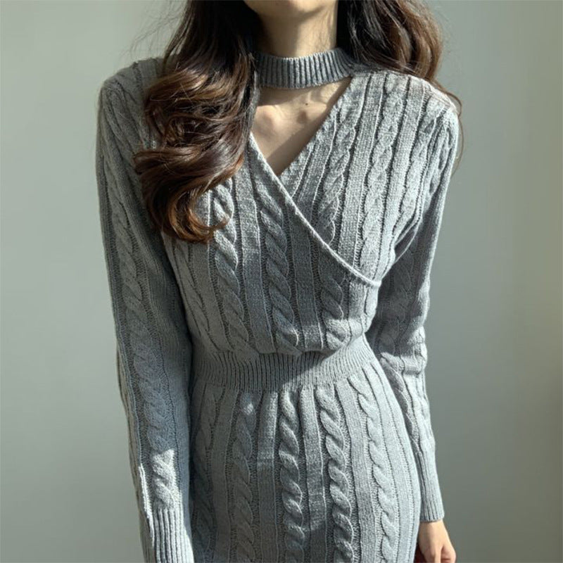 Chic Round Neck Hemp Pattern Reversible Front Back Split Sweater Dress